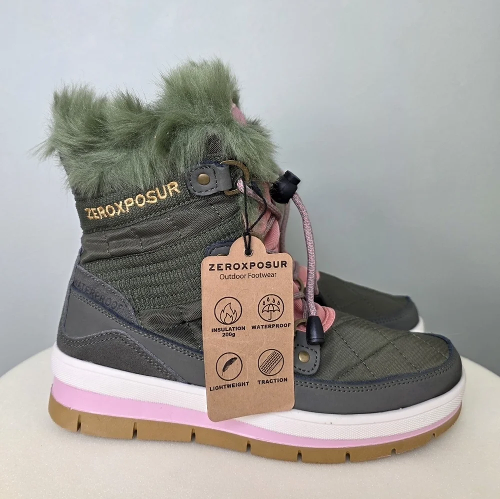 ZeroXposur Women's Montana Short Waterproof Snow Boots, Lichen Green Pink 7.5